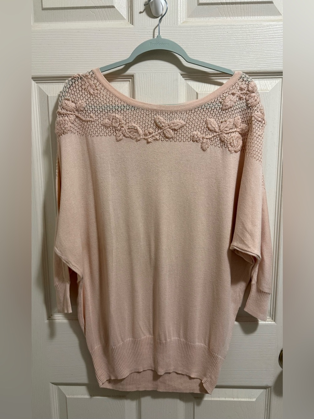LC Lauren Conrad Blush Pink Off-the-Shoulder Crochet Yoke Sweater